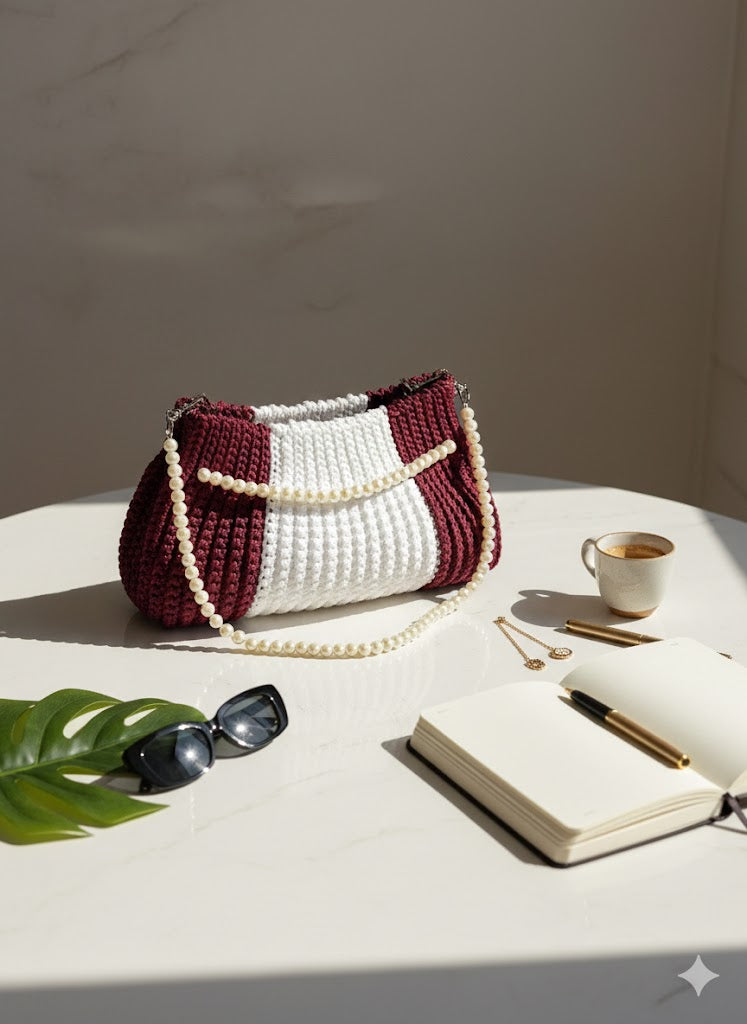 Burgundy & White Crochet Shoulder Bag with Pearl Strap