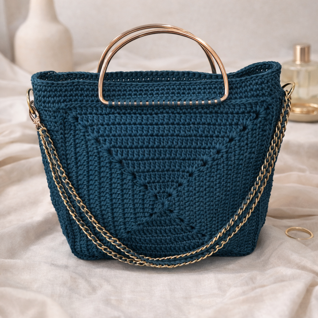 Teal Granny Square Crochet Tote Bag