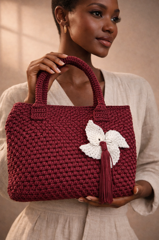 Burgundy Crochet Tote Bag with Flower Detail