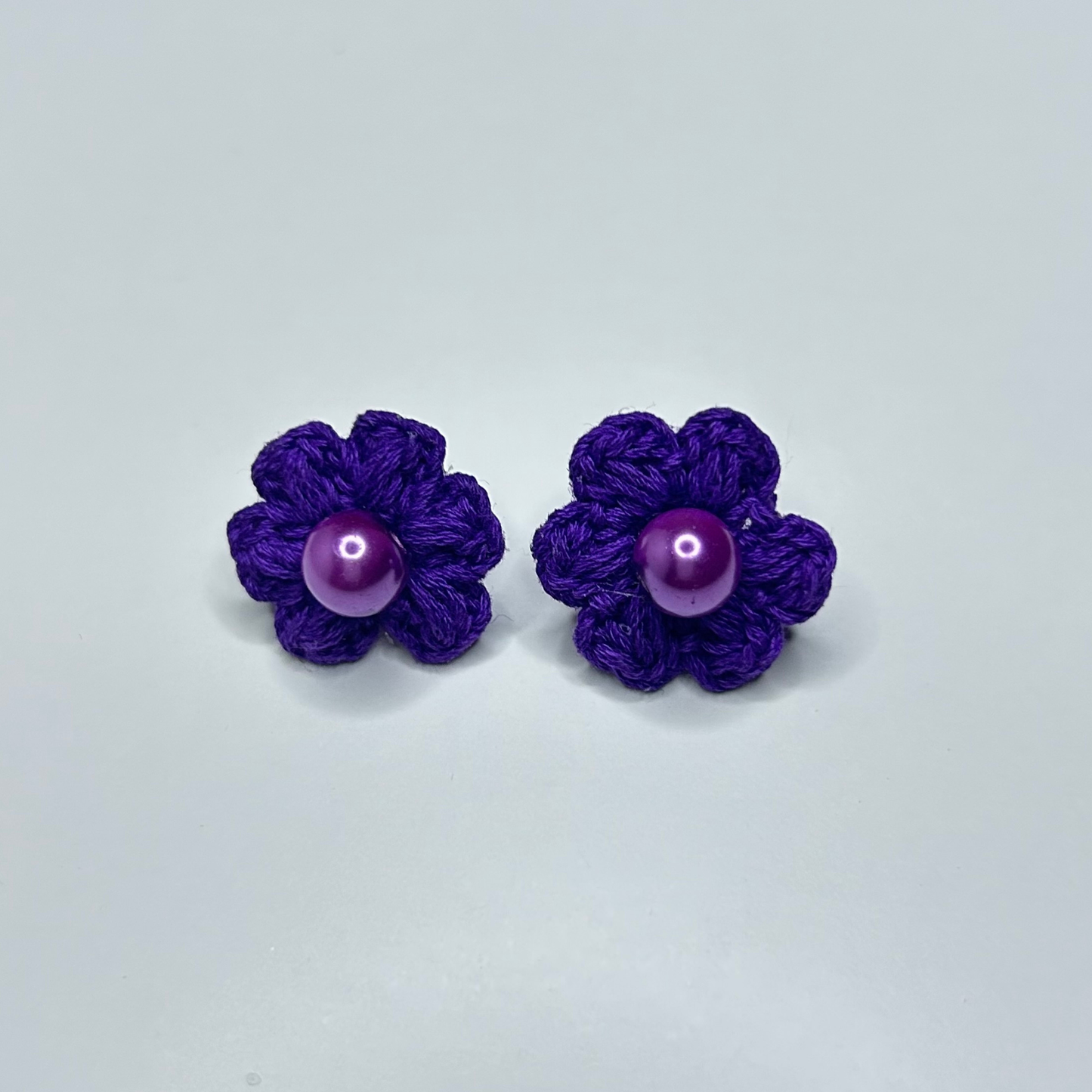 Purple Crochet Flower Stud Earrings with Pearl Centre