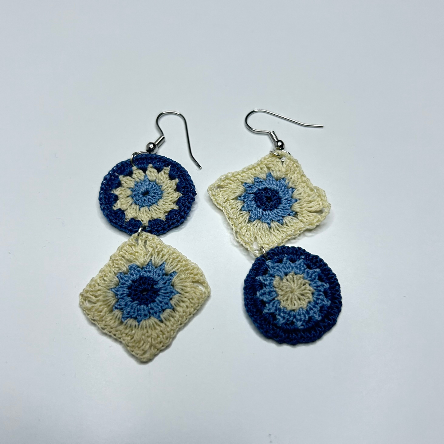 Navy & Cream Granny Square Mismatched Crochet Earrings