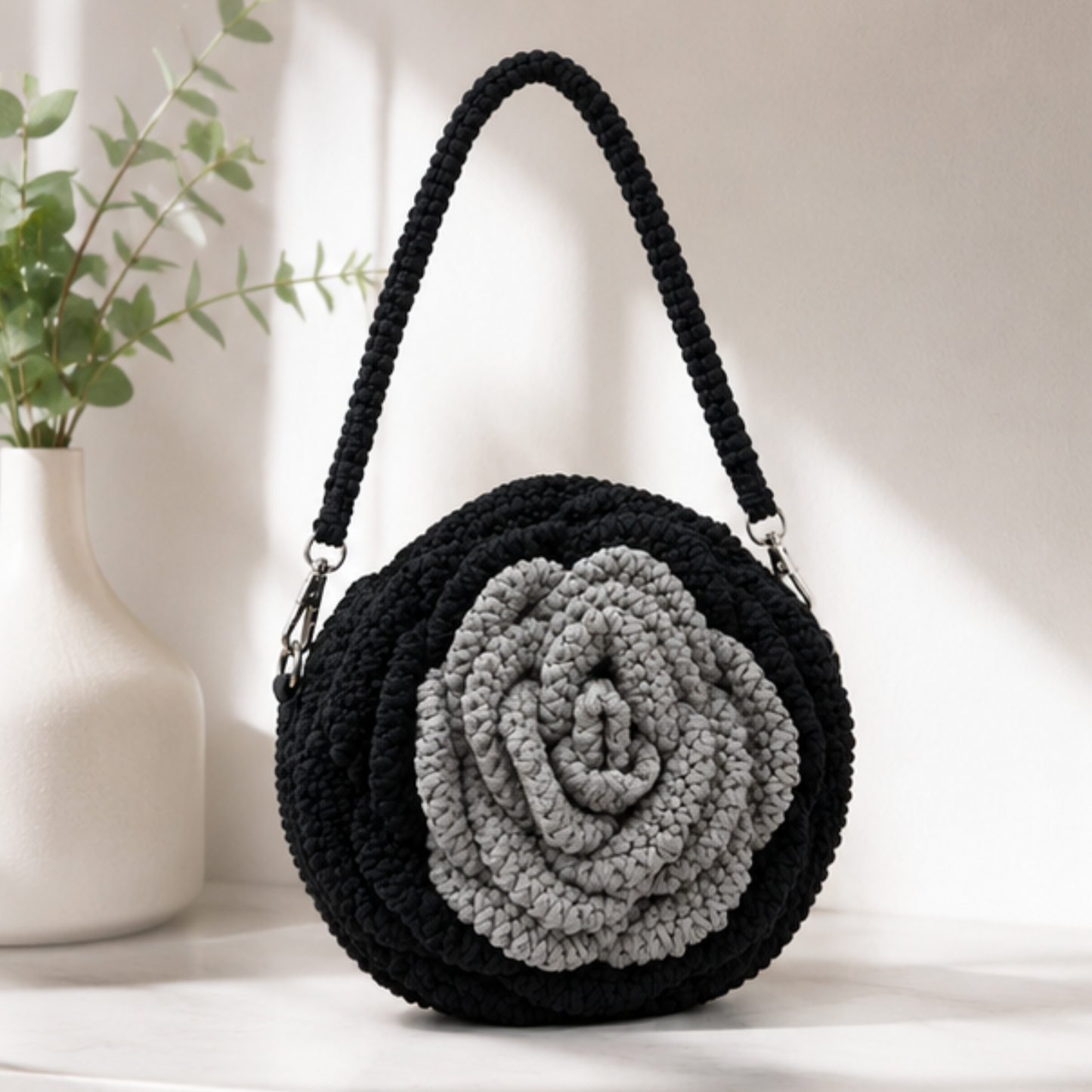 Black & Grey Rose Crochet Crossbody Bag