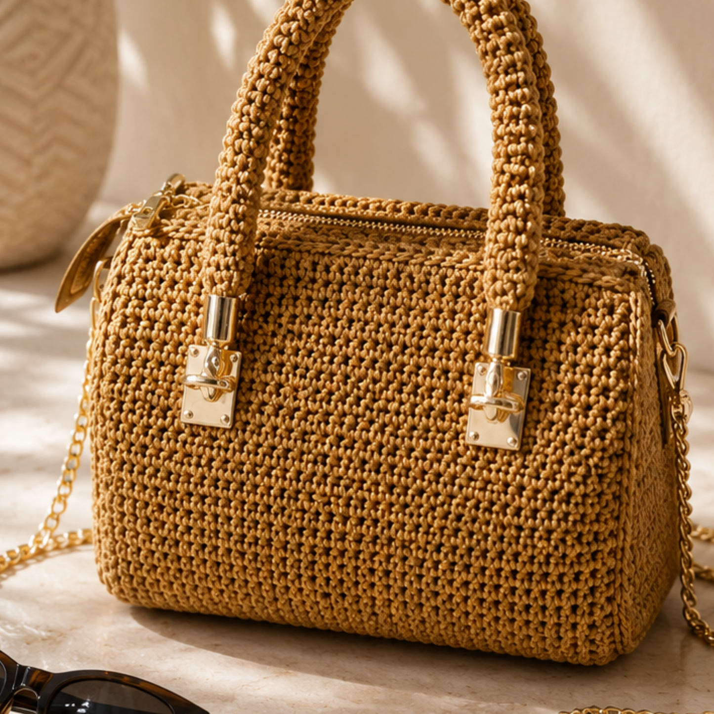 Brown & Cream Striped Crochet Handbag