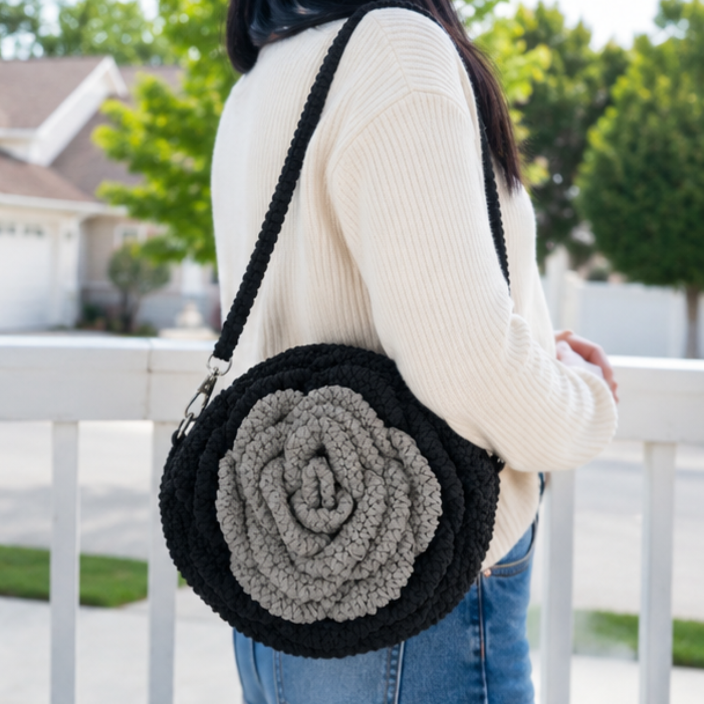 Black & Grey Rose Crochet Crossbody Bag