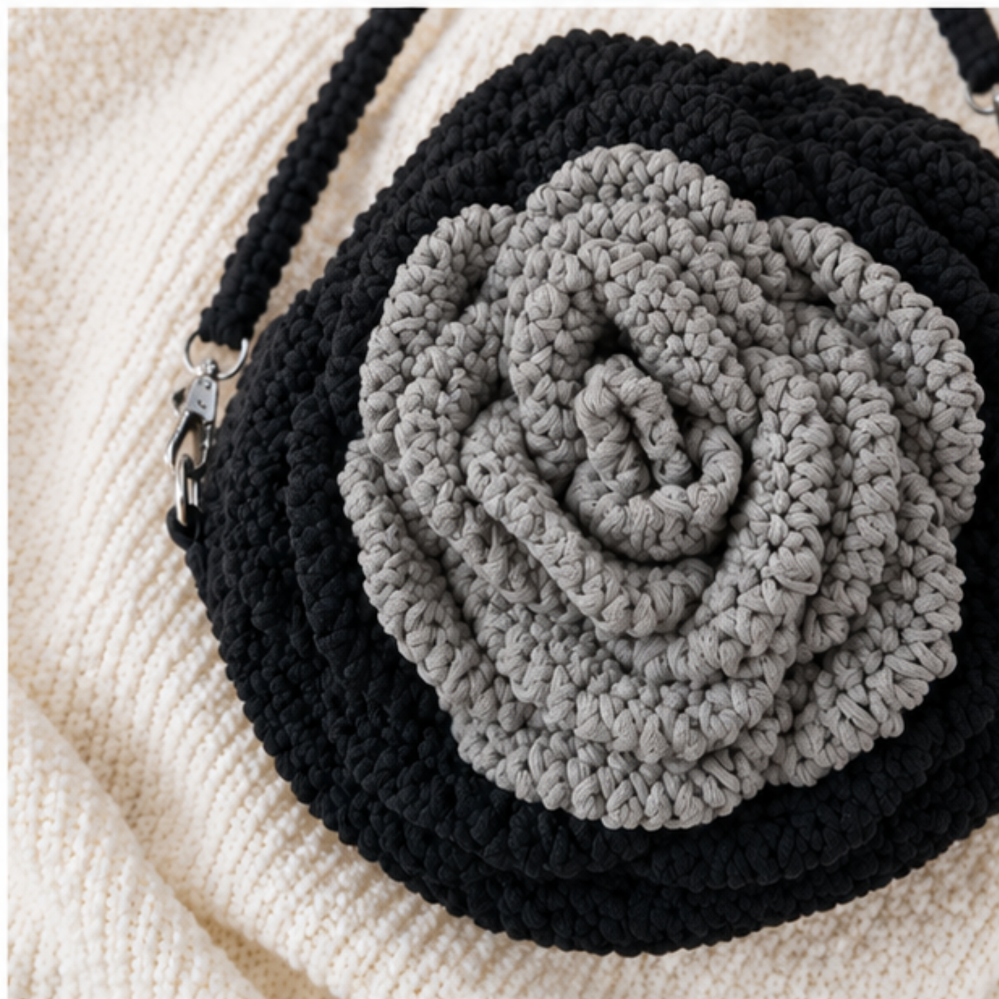 Black & Grey Rose Crochet Crossbody Bag