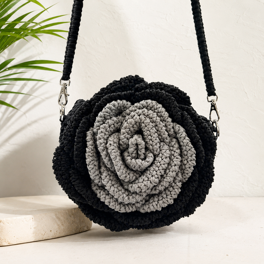 Black & Grey Rose Crochet Crossbody Bag