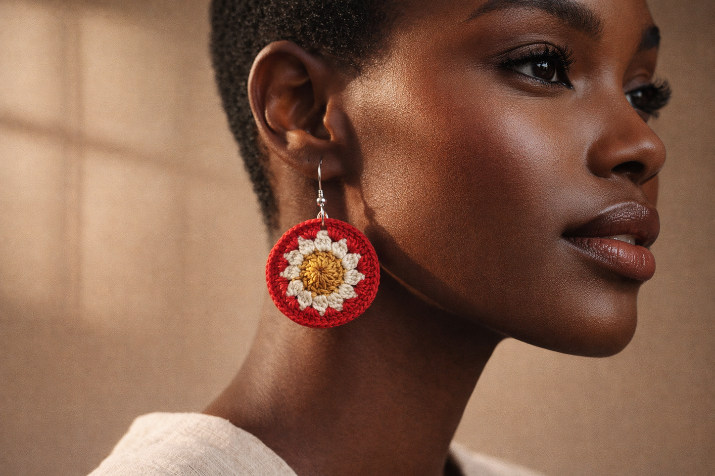 Red, Cream & Gold Daisy Crochet Earrings