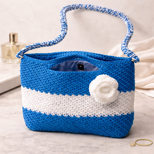 Blue & White Crochet Crossbody Bag