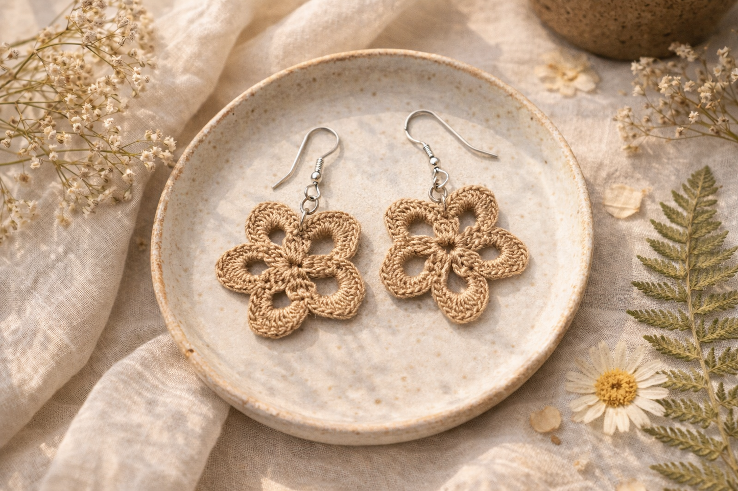 Tan Crochet Flower Drop Earrings