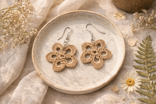 Tan Crochet Flower Drop Earrings