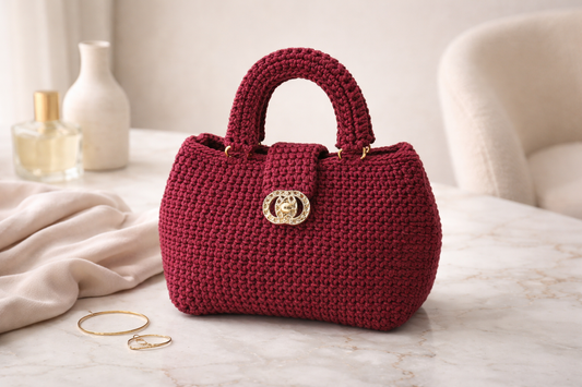 Burgundy Crochet Top Handle Handbag with Gold Ornate Clasp