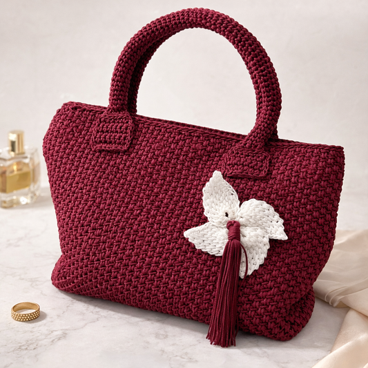 Burgundy Crochet Tote Bag with Flower Detail