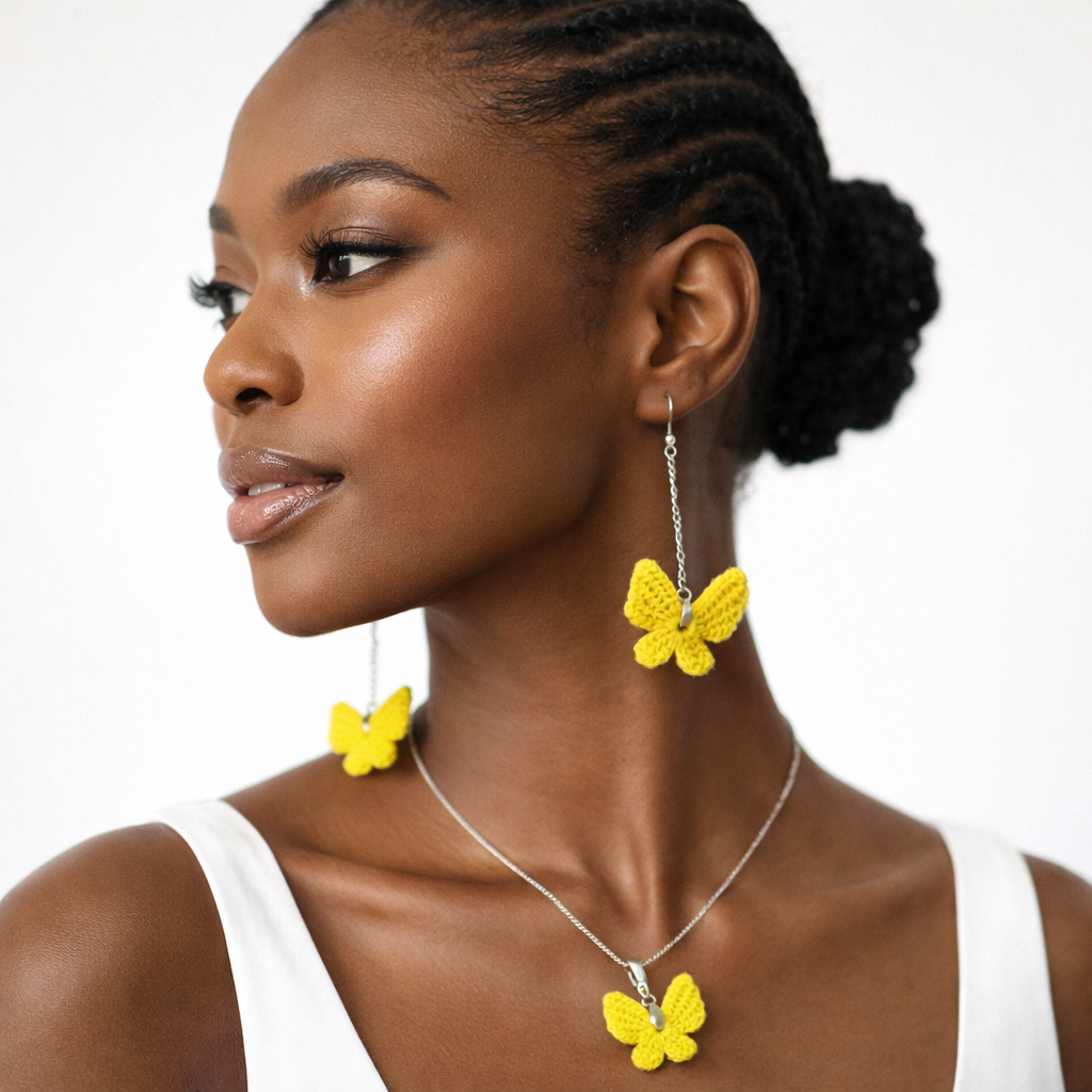 Yellow Crochet Butterfly Earring & Pendant Set