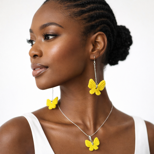 Yellow Crochet Butterfly Earring & Pendant Set