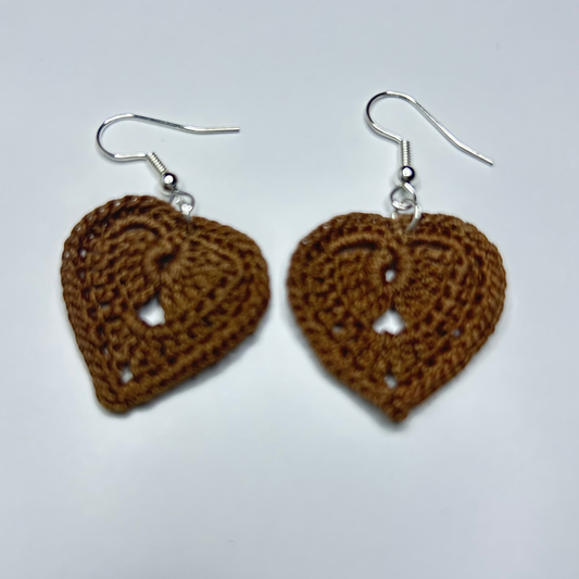 Brown Crochet Heart Drop Earrings