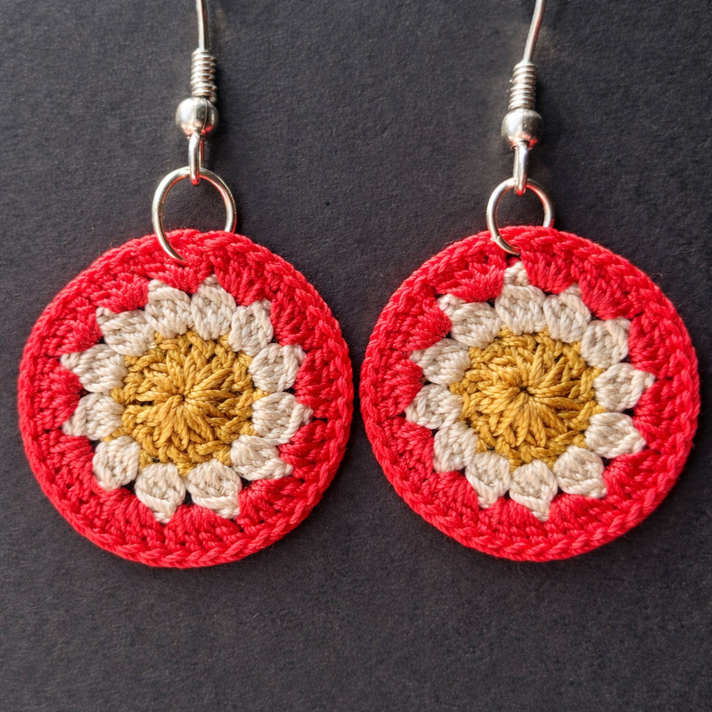 Red, Cream & Gold Daisy Crochet Earrings
