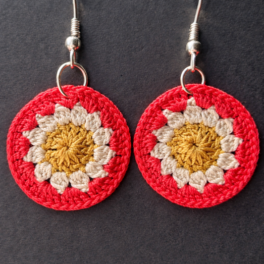 Red, Cream & Gold Daisy Crochet Earrings