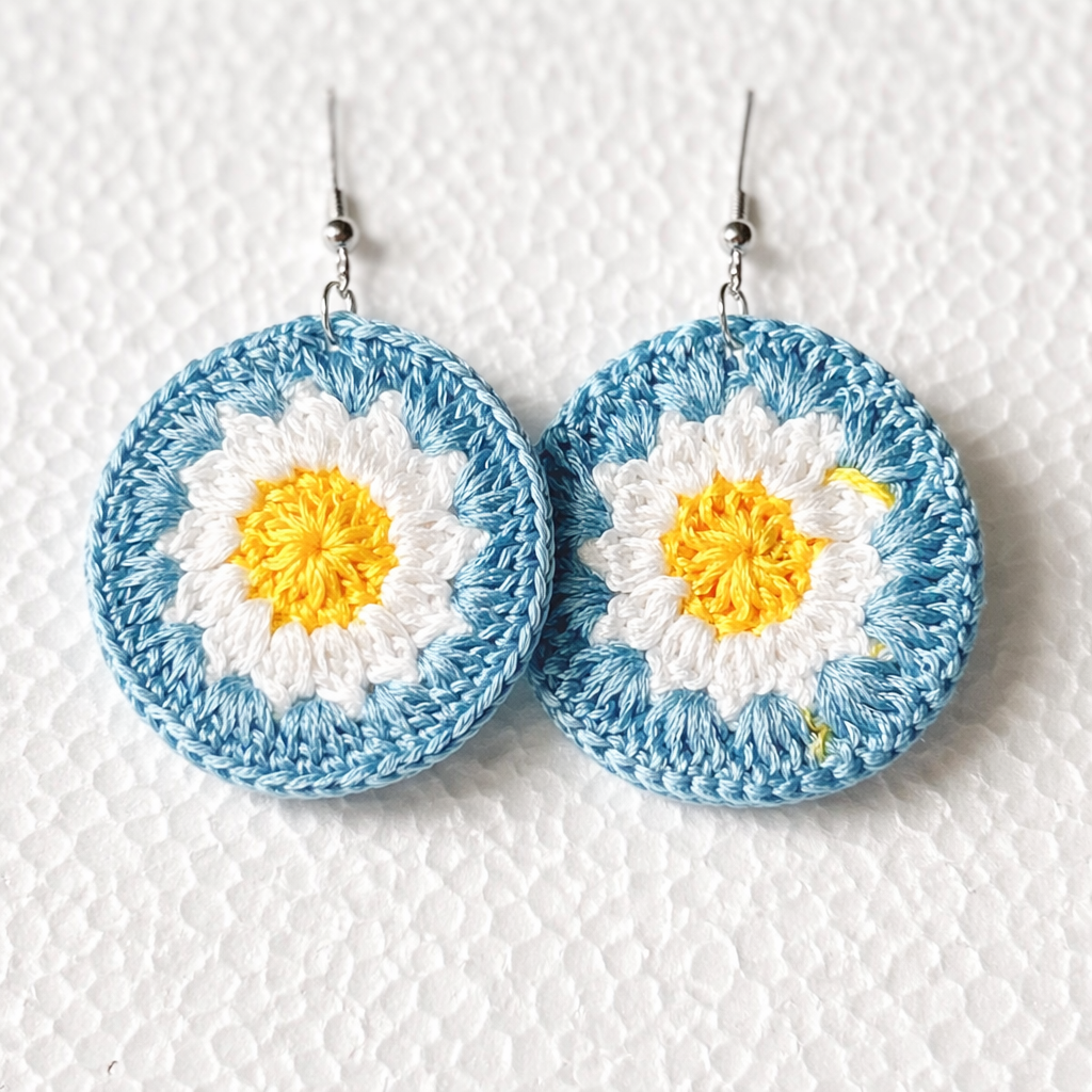 Red, Cream & Gold Daisy Crochet Earrings