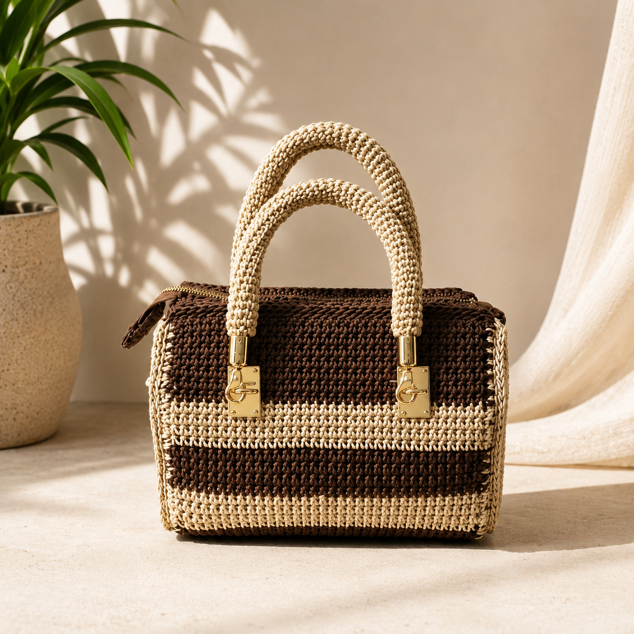 Brown & Cream Striped Crochet Handbag
