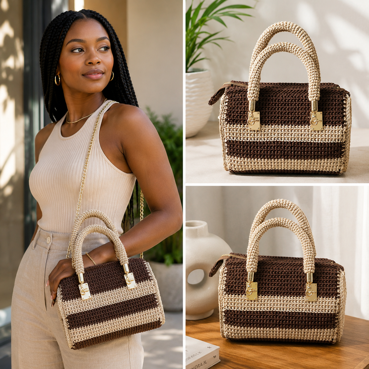 Brown & Cream Striped Crochet Handbag
