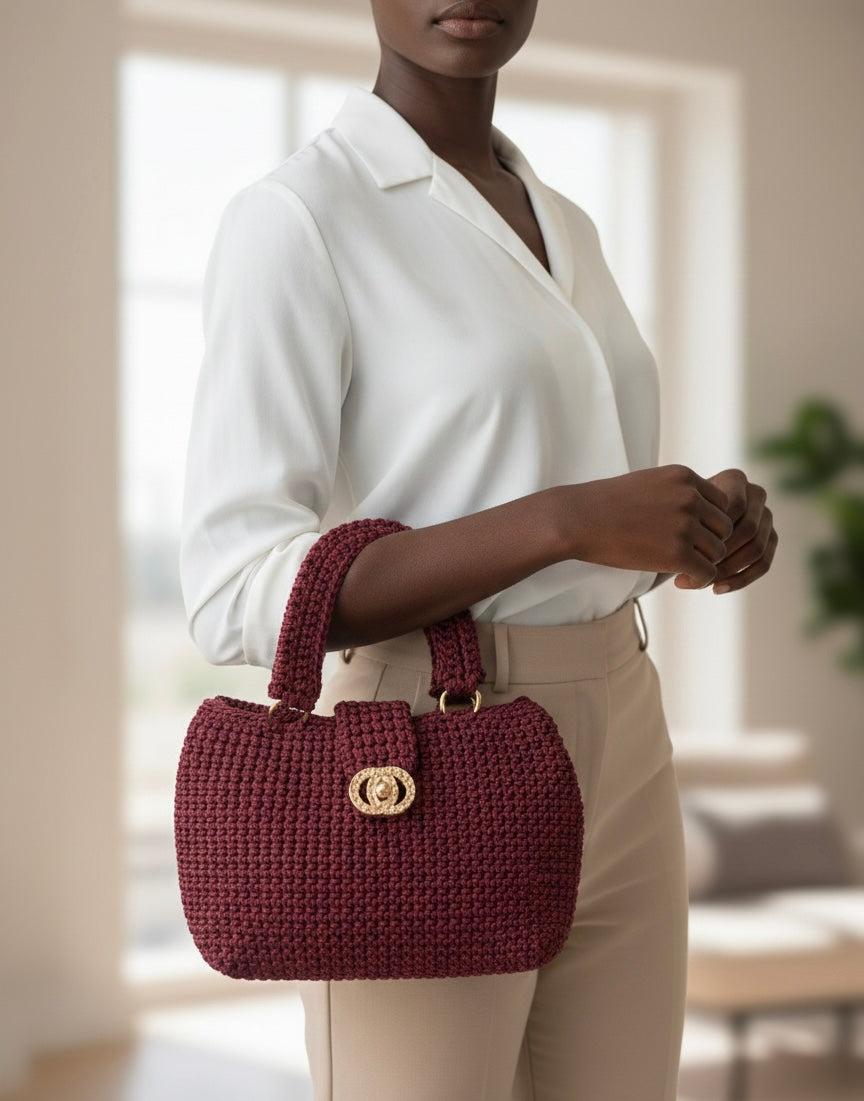 Burgundy Crochet Top Handle Handbag with Gold Ornate Clasp