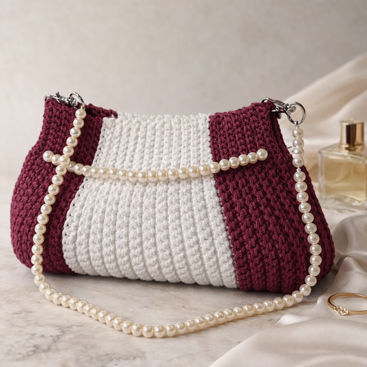 Burgundy & White Crochet Shoulder Bag with Pearl Strap