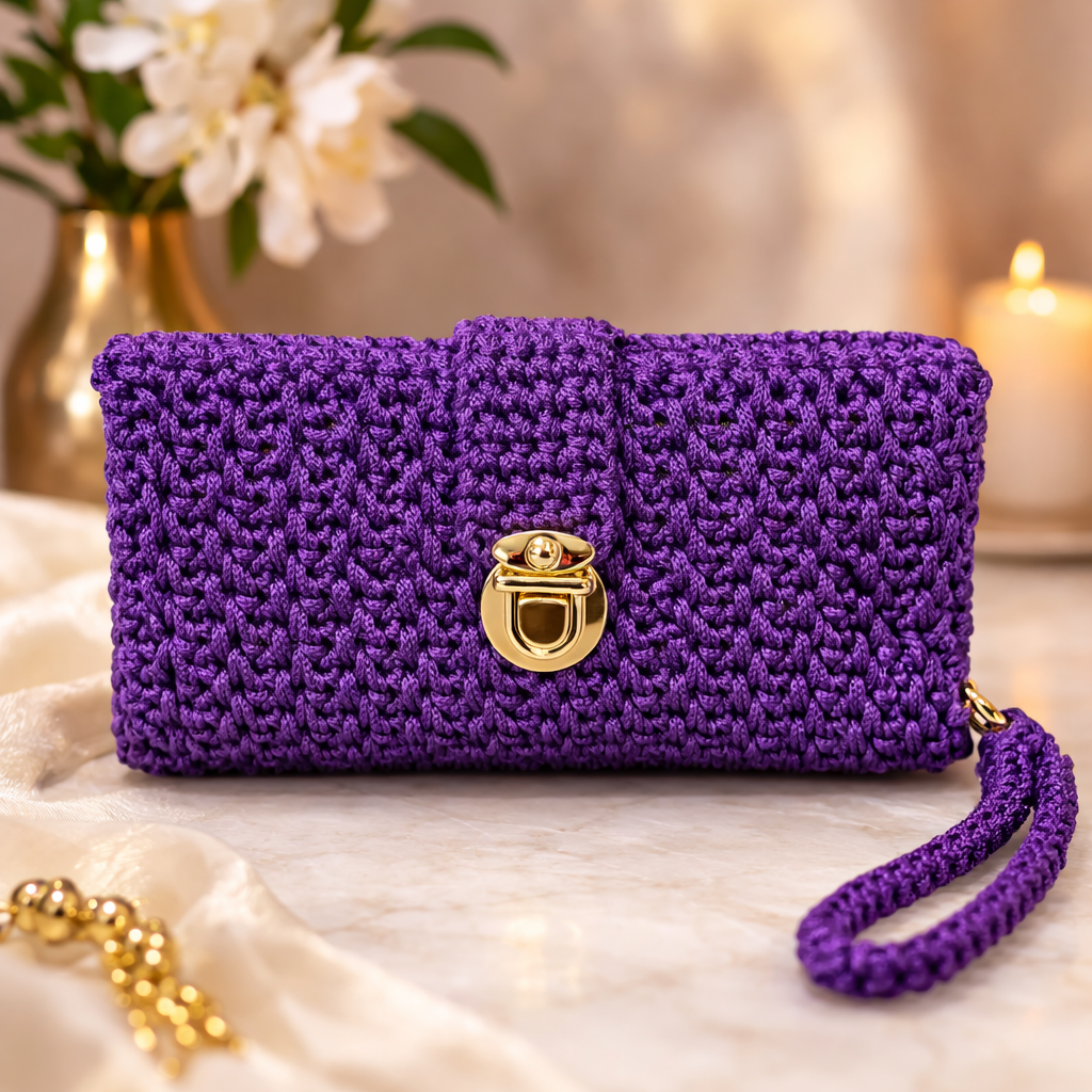 Purple Crochet Wristlet Clutch Purse