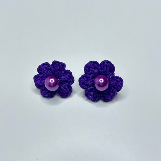 Purple Crochet Flower Stud Earrings with Pearl Centre