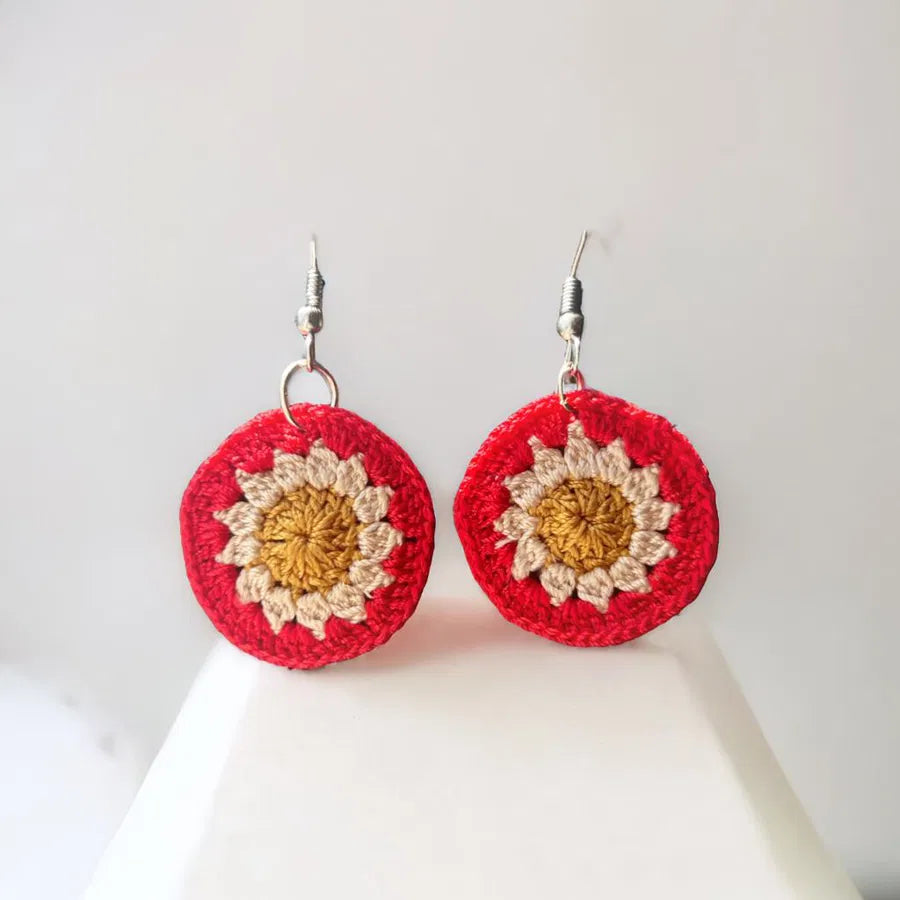 Red, Cream & Gold Daisy Crochet Earrings