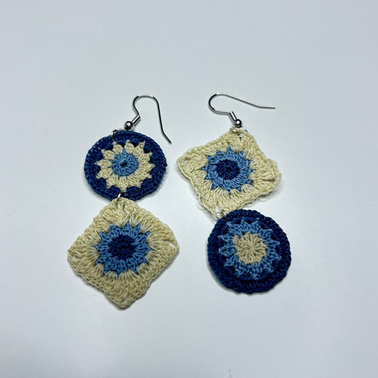Navy & Cream Granny Square Mismatched Crochet Earrings