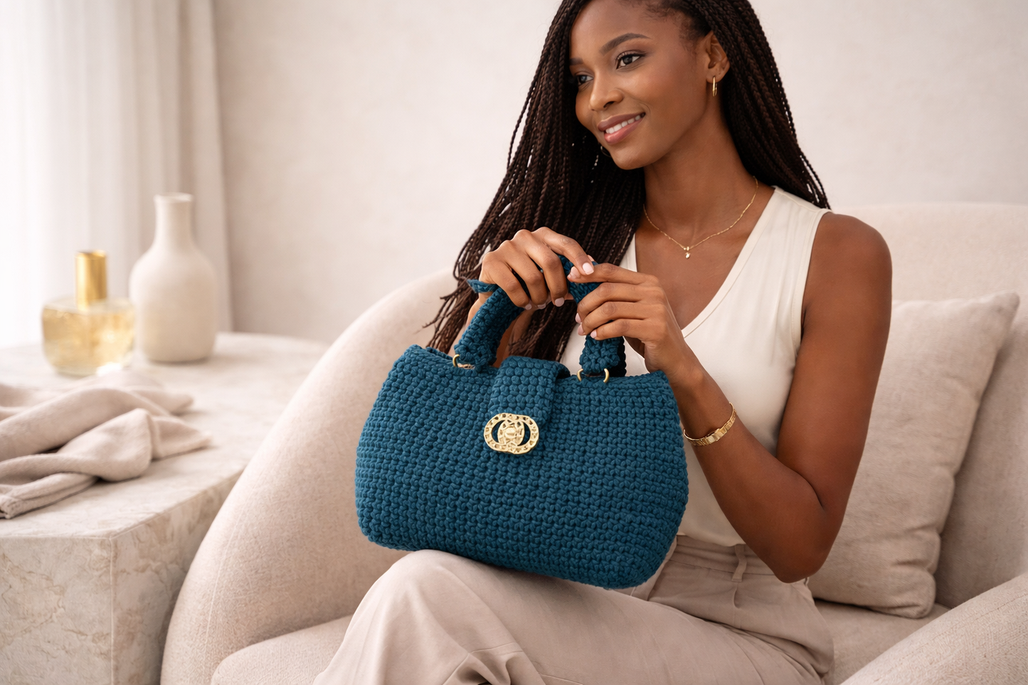Burgundy Crochet Top Handle Handbag with Gold Ornate Clasp